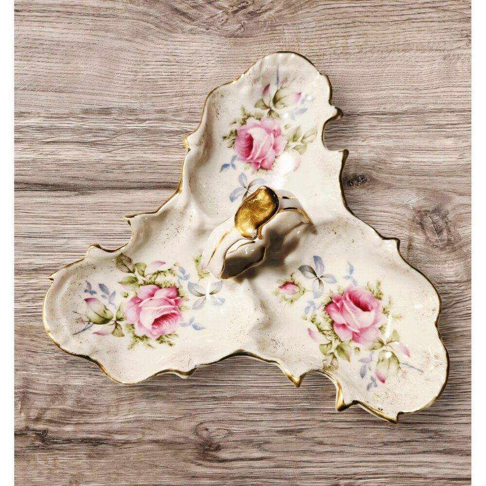 Incolay Dresden Rose Bon Bon Tray, Gold Trim